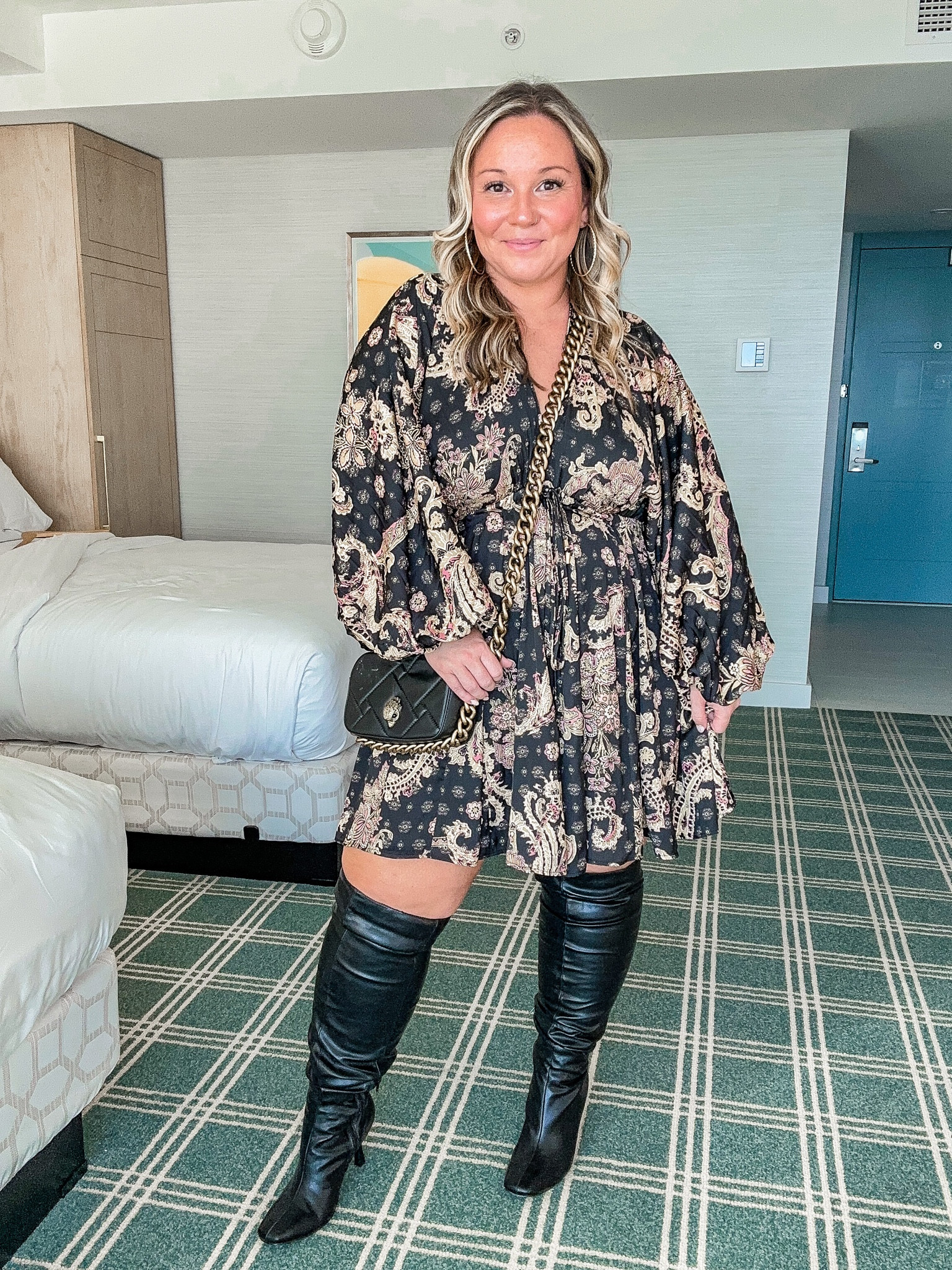 Fall dress style 
Free People dress size small size down
Comes in multiple colors- this print isn’t available but it does come in just black! 
Boots are extra wide calf! Size up half size from regular shoe size in boots 
Use code SHELLI15 for discount on Megababe! 
Bag is old but linked almost identical style from same brand 

#LTKmidsize #LTKstyletip #LTKover40