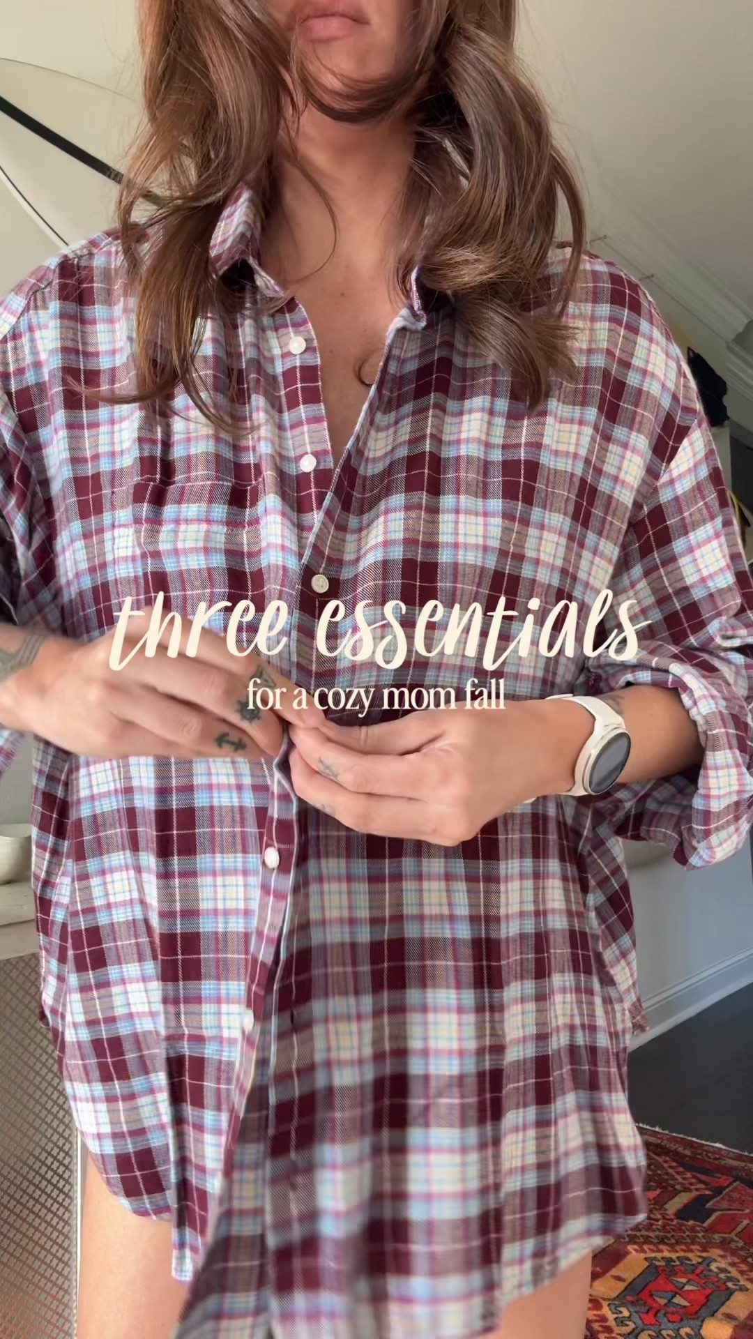 Three fall essentials, but the details matter:
1. A comfy flannel - must be oversized, must be buttery soft (not rigid, not itchy). Bonus points for a wider/flowy body. 
2. Sweatpants - not just any, but one with a modern shape you don’t think twice about wearing out and about in public. These are not your grubbiest college sweats you refuse to get rid of, these are luxurious fleece sweats you want to live in. 
3. A slip-on clog. Anything goes, as long as it’s comfy!