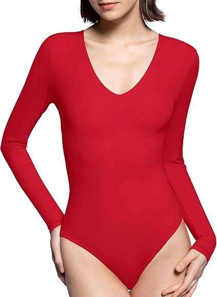 PUMIEY Bodysuits for women V Neck Long Sleeve Body Suit Sexy Tops Smoke Cloud Pro Collection | Amazon (US)