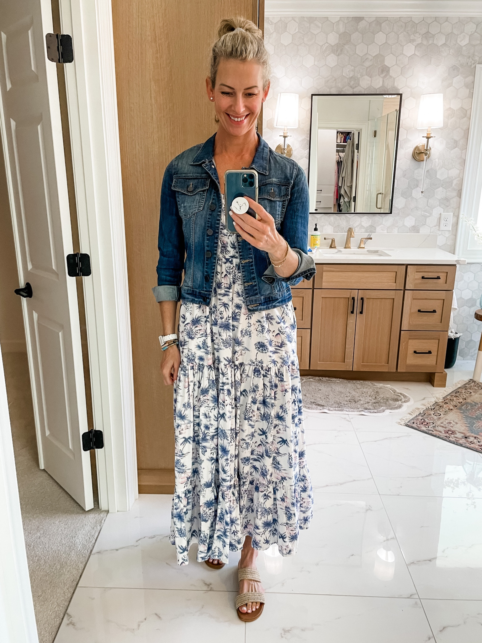 casual floral maxi dress with denim jacket Floral Fall Maxi Dress