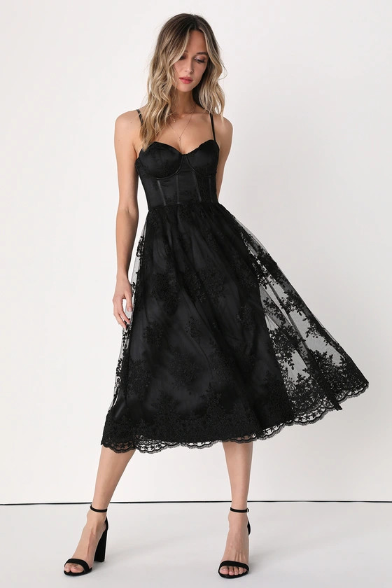 My Darling Daydreamer Black Lace Bustier Midi Dress | Lulus