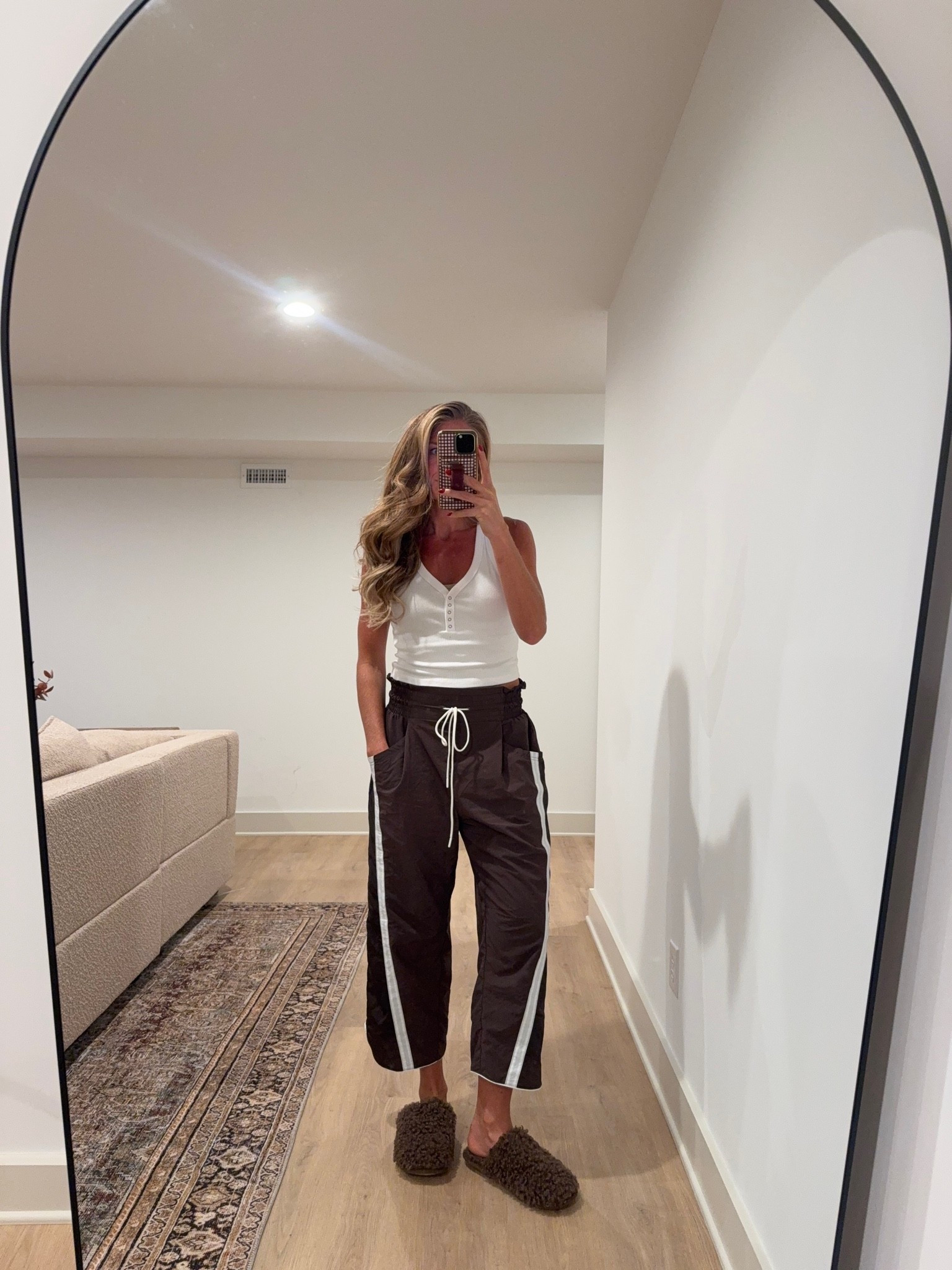 Work from home outfit as a toddler. I love these track pants from FP movements. I am wearing size medium my usual size that I get in pants. They do run oversize, but I love the super oversize fit so order accordingly.