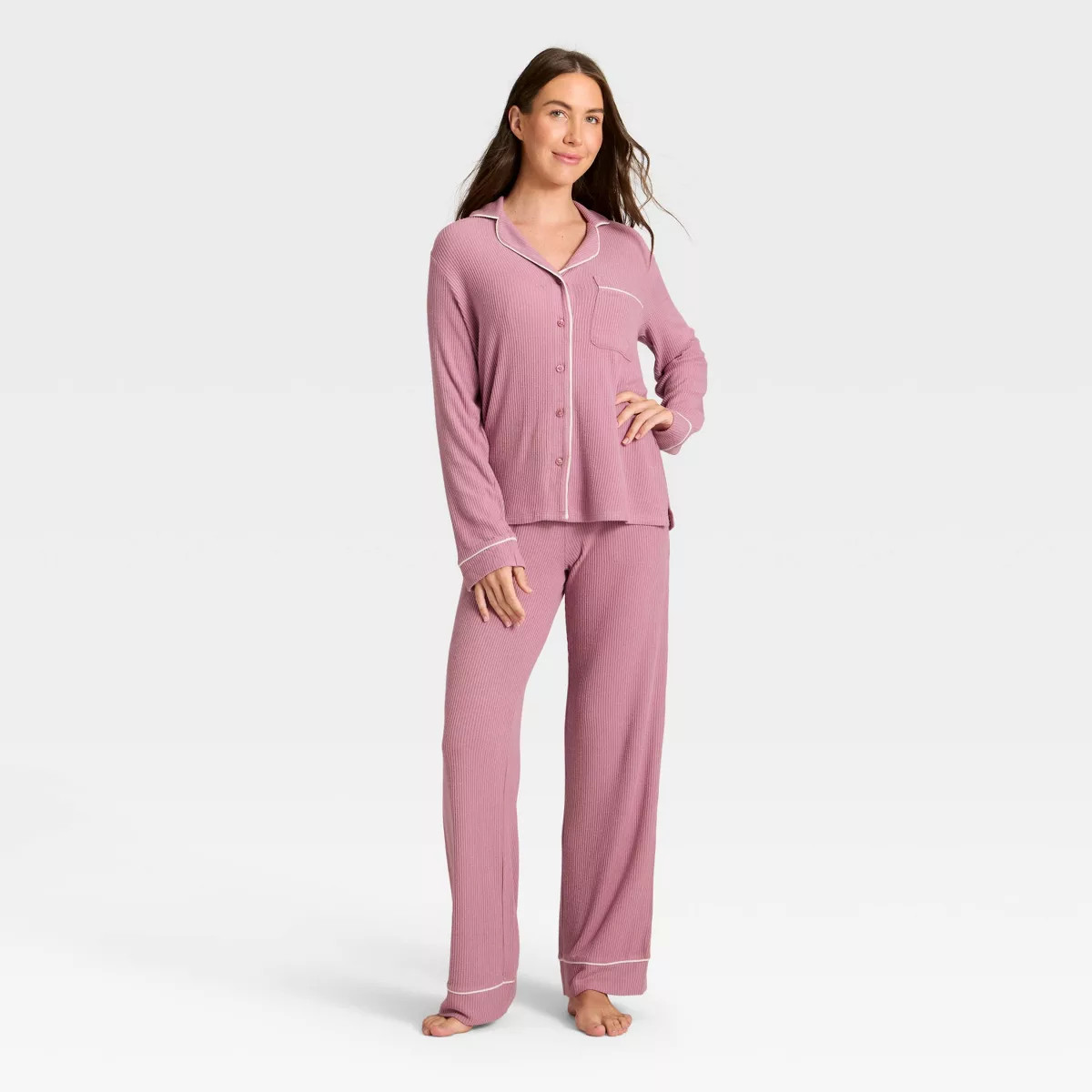 Women's Cozy Ribbed Notch Collar Long Sleeve Shirt and Pants Pajama Set - Auden™ | Target