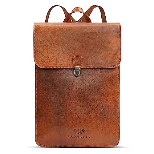 LUXEORIA Genuine Leather Backpack for Men and Women, Minimalistic Leather Backpack, Handmade Retro Style 15.6" Laptop Bag, Hiking Shoulder Daypack - Vintage TAN | Amazon (US)