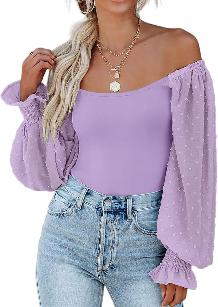 Zeagoo Women's Square Neck Puff Long Sleeve Bodysuit Off Shoulder Leotard Sheer Polka Dot Sleeve ... | Amazon (US)