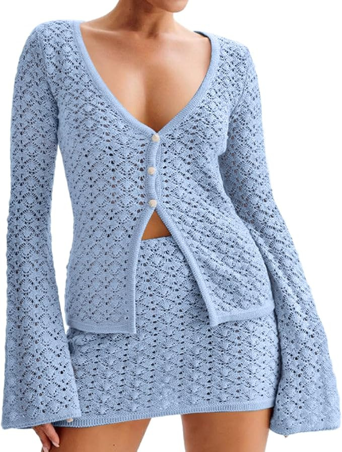 Women Crochet 2 Piece Outfits Set Swimwear Cover Up Flared Long Sleeve Button Down Tops Beach Min... | Amazon (US)