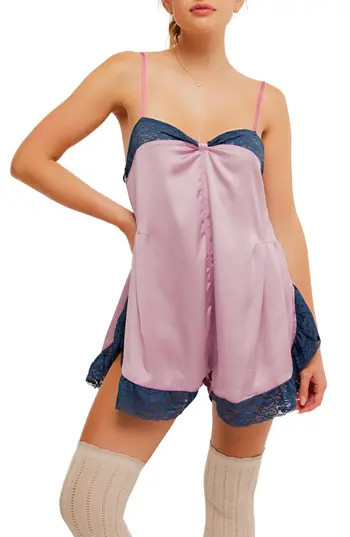 Free People First Date Lace Trim Romper in Dawn Pink at Nordstrom Rack, Size X-Large | Nordstrom Rack