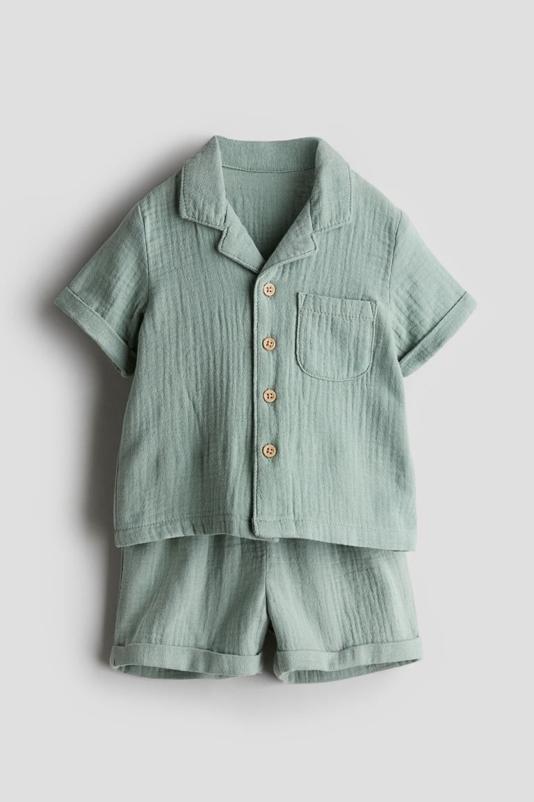 2-piece Patterned Set - Regular waist - Short sleeve - Dusty green - Kids | H&M US | H&M (US + CA)