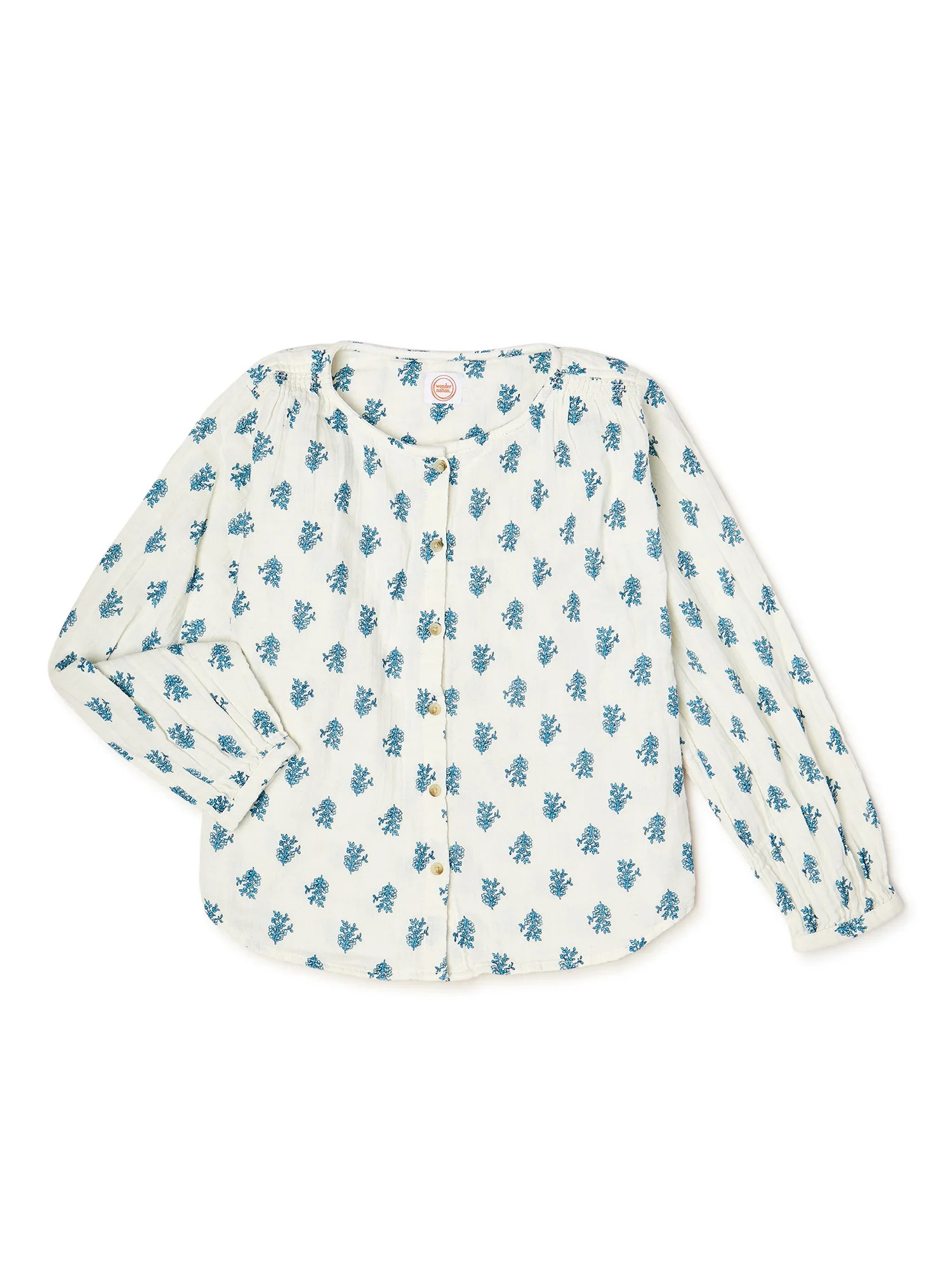 Wonder Nation Girls Long Sleeve Printed Woven Top, Sizes 4-18 & Plus - Walmart.com | Walmart (US)