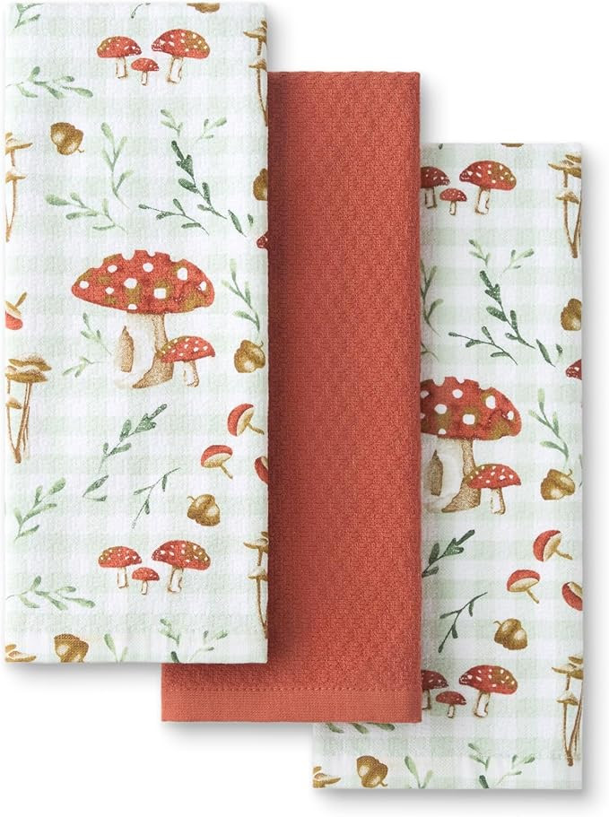 Martha Stewart Autumn Harvest Mushroom Plaid Kitchen Towel 3-Pack Set, 100% Cotton with Absorbent... | Amazon (US)