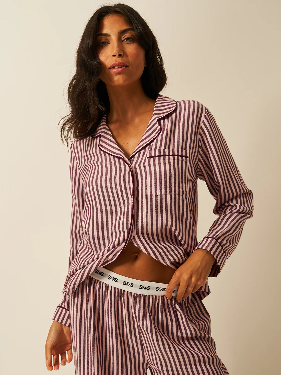 Soft Brushed Woven Pjama Top - Noir Nights & Pink Stripe | ECOVERO | Stripe and Stare