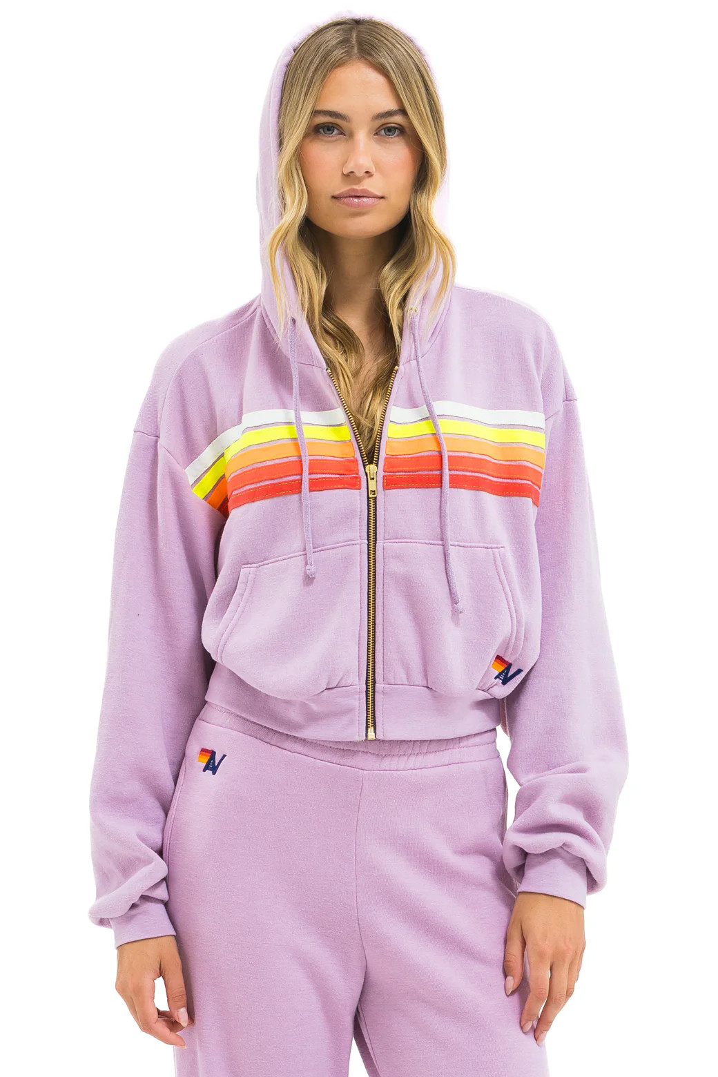 5 STRIPE CROPPED ZIP HOODIE RELAXED - MAUVE // WHITE NEON | Aviator Nation