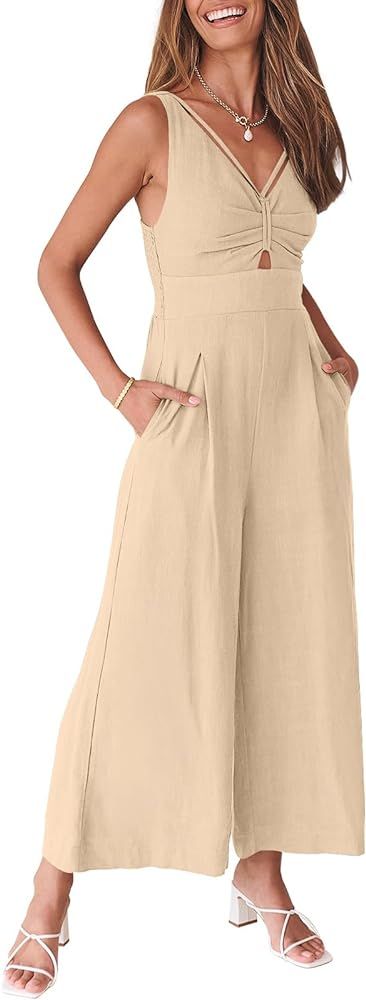 Caracilia Women's Summer Wide Leg Jumpsuits Dressy Sleeveless V Neck High Waist Cutout Straps One... | Amazon (US)