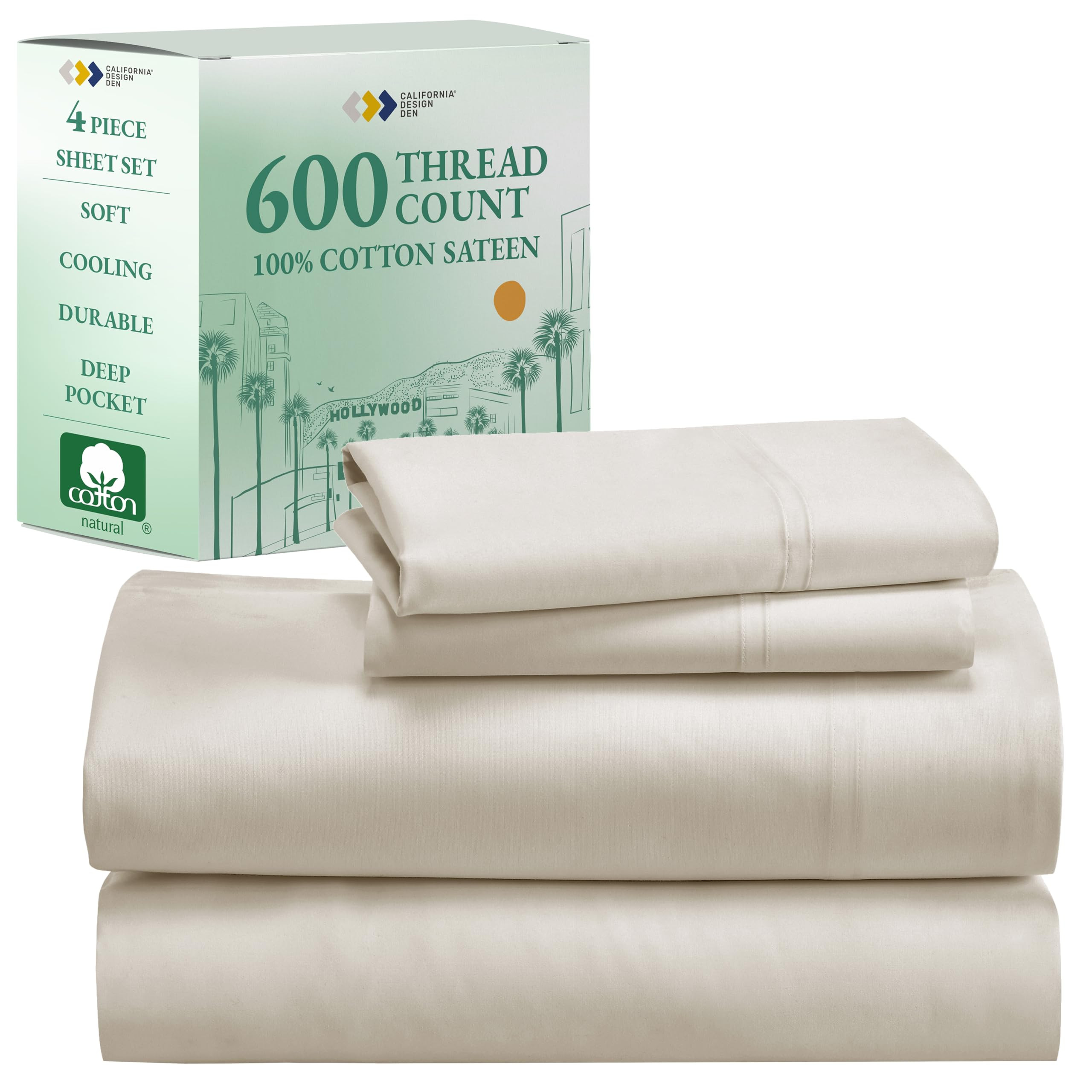 California Design Den Queen Size Sheet Set - Luxury 600 Thread Count Sateen, 100% Cotton Sheets, ... | Amazon (US)
