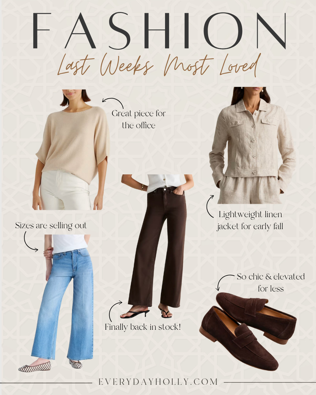 Last week’s most-loved fashion finds are such a good mix for heading into early fall! The office-friendly knit, lightweight linen jacket, wide leg denim, chocolate brown pants, and suede loafers are all easy pieces to start wearing now and style well into the next season.

early fall fashion, workwear finds, office outfit ideas, wide leg jeans, chocolate brown pants, suede loafers, lightweight layers, transitional outfits, Amazon fashion finds, everyday style, fall wardrobe, EverydayHolly 

 #LTKootd #LTKSeasonal #LTKOver40