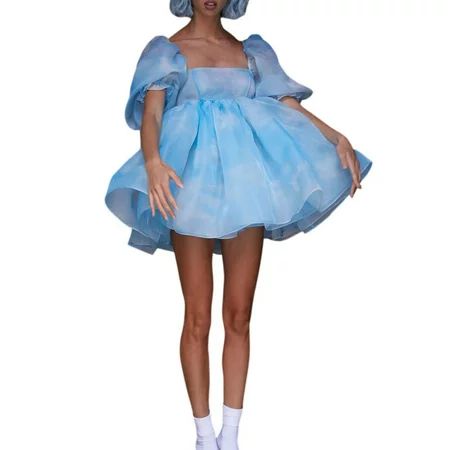 Women Puff Sleeve Ruffle Dress Flowy Princess Summer Fairy Bubble Tulle Poofy Selkie Dress Party Pro | Walmart (US)
