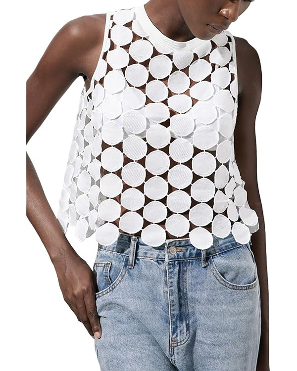 SHENHE Women's Asymmetrical Vest Top See Through Circular Embroidered Crew Neck Sleeveless Vest C... | Amazon (US)