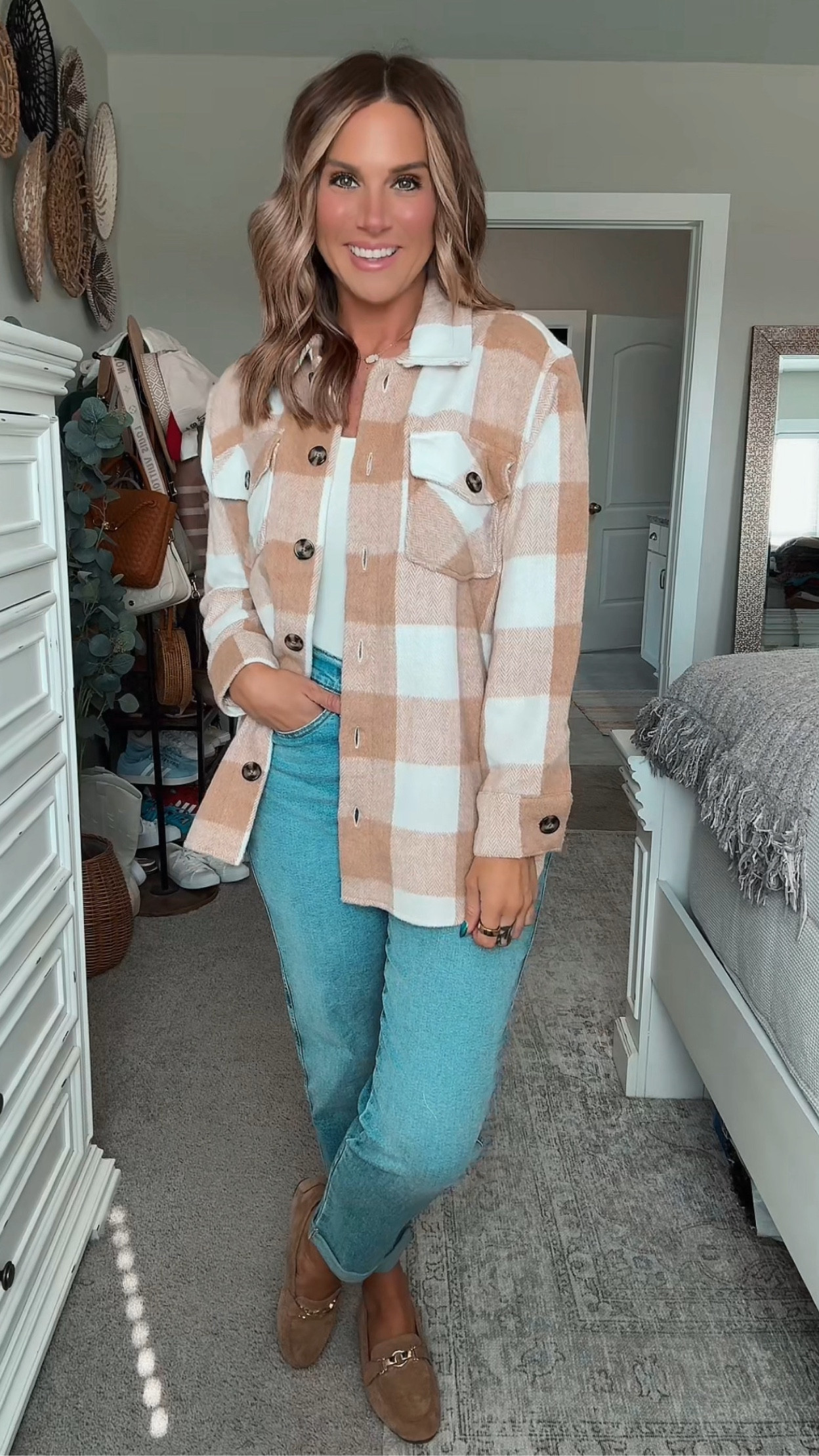 Shacket season is here!!! I love the pattern of this cream, tan and light pink shacket from Walmart! Paired with a white bodysuit and straight leg jeans all from Walmart! Brown mules, fall outfit, casual Kim outfit

#LTKFindsUnder50 #LTKSeasonal #LTKMidsize