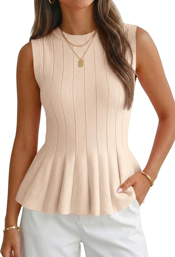 Cicy Bell Womens Pleated Peplum Tank Tops Fitted Ribbed Knit Crew Neck Blouses Summer Sweater Ves... | Amazon (US)