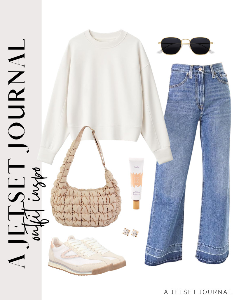 This cozy white crewneck sweatshirt is absolutely a great pair for these Astylish high-waisted wide-leg jeans. And this quilted puffer purse is so fab! It coordinates effortlessly with TRETORN lace-up sneakers. 

 #LTKSeasonal #LTKSaleAlert #LTKTravel