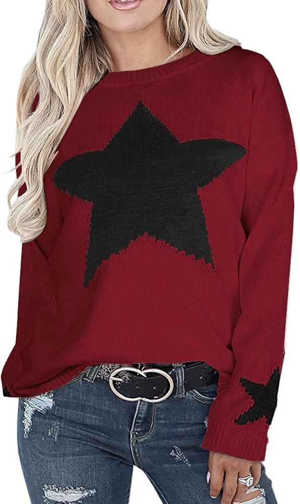 shermie Womens Star Graphic Sweaters Long Sleeve Crew Neck Casual Cable Knit Pullover Sweater | Amazon (US)