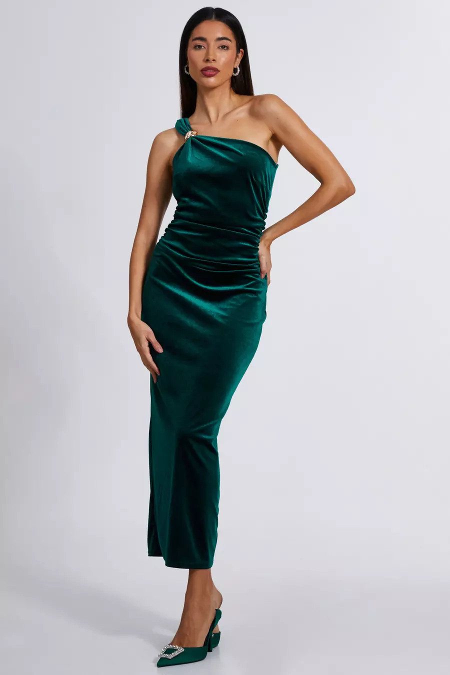 Home/Bottle Green Velvet One Shoulder Midaxi Dress | Quiz Clothing