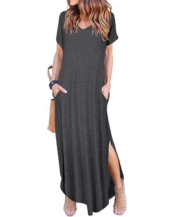Arolina Women's Summer Maxi Dress Short Sleeve V Neck Casual Loose Long Beach Split Dresses with ... | Amazon (US)