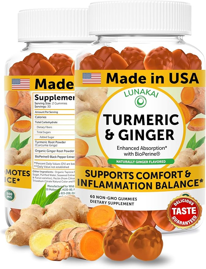 Lunakai USA Made Turmeric Gummies with Ginger & BioPerine – High Absorption Turmeric and Ginger... | Amazon (US)