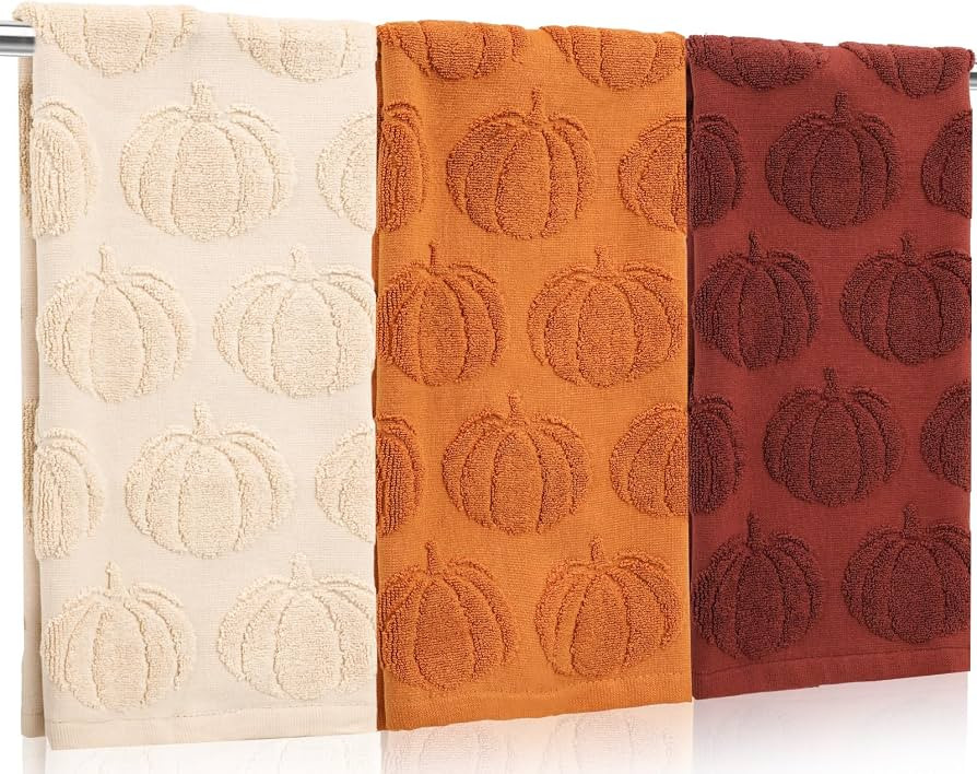 Whaline 3 Pcs Fall Hand Towel Beige Orange Brown 3D Pumpkin Jacquard Cotton Towel Absorbent Dish ... | Amazon (US)