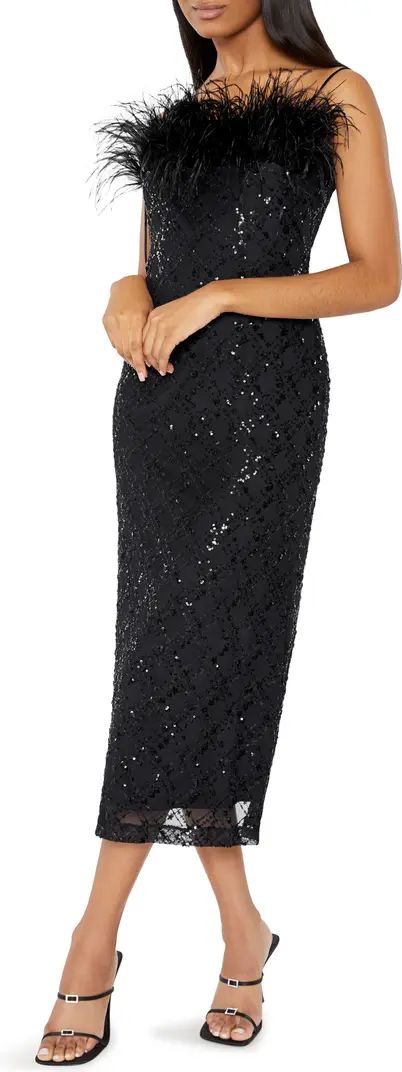 Lucca Sequin Faux Feather Trim Midi Dress | Nordstrom