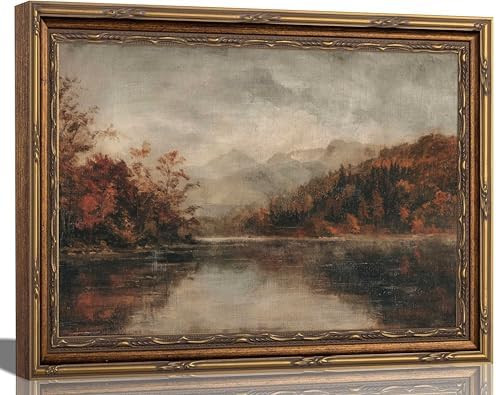 Vintage Gold Framed Wall Art - Fall Mountain Lake Oil Painting, Autumn Landscape Print, Ready to ... | Amazon (US)