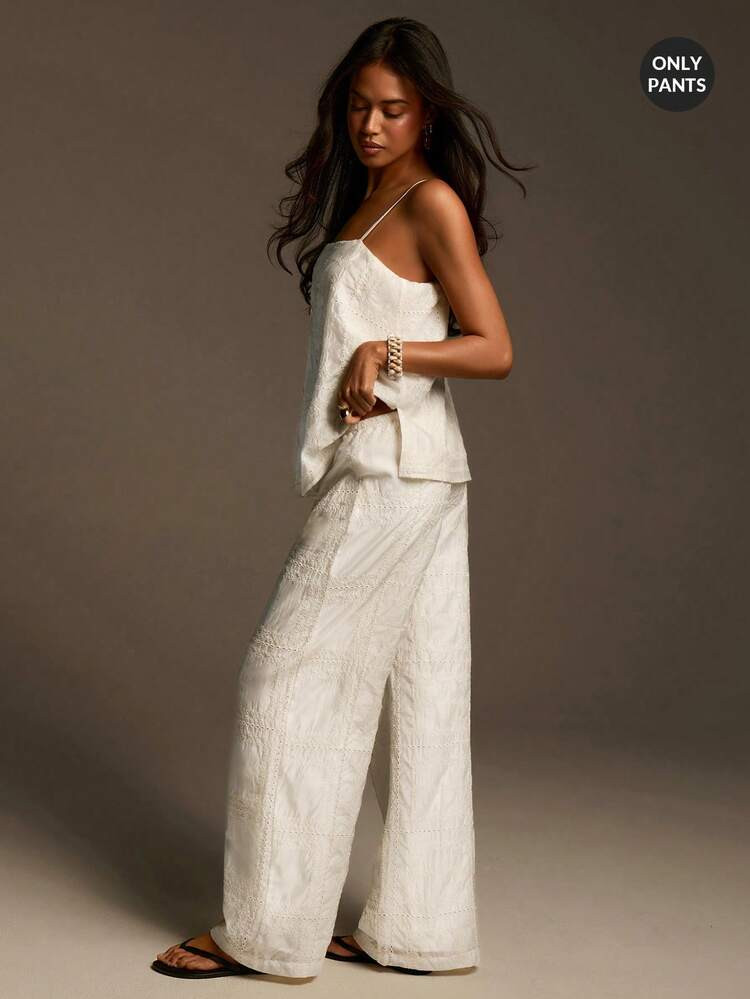 Athîral Women's Casual White Embroidered Fabric Pants, Beach Resort Style, Embroidered Fabric, Made Of Soft Comfortable Woven Fabric, Casual For Women, Casual Pant For Women, Beach, Spring Breaks, Spring Women, Summer Holidays, Summer For Women, White Pants, Summer Holidays, Summer For Women, Vacations For Women | SHEIN