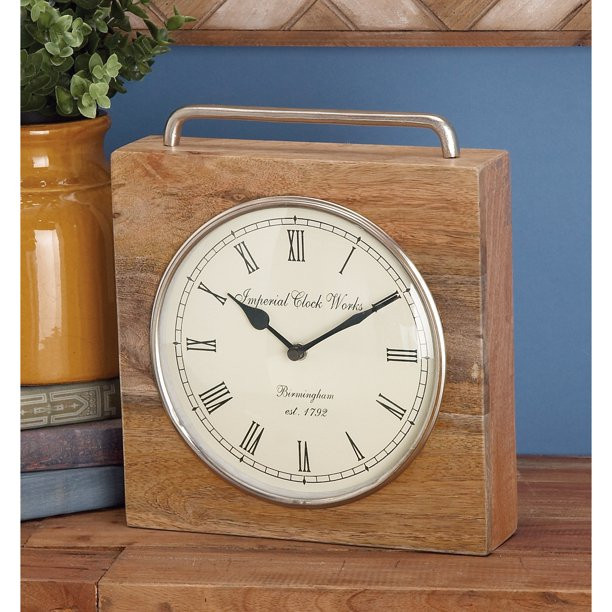 DecMode Indoor 10"W, 11"H Brown Analog Square Farmhouse Tabletop Clock - Walmart.com | Walmart (US)