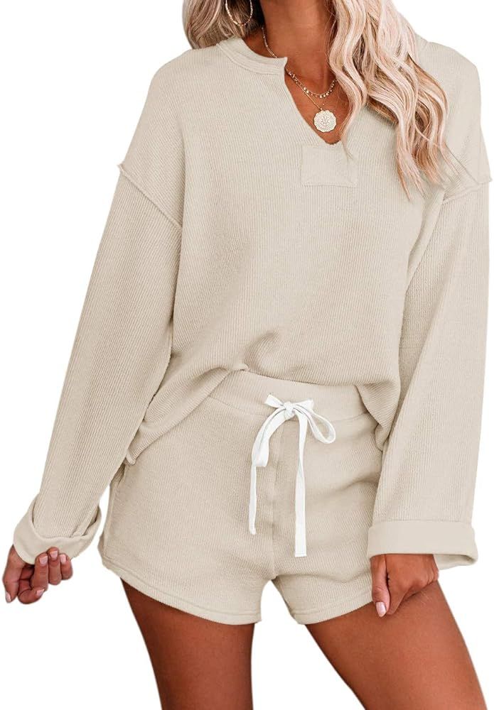 MEROKEETY Women's Long Sleeve Pajama Set Henley Knit Tops and Shorts Sleepwear Loungewear, Beige,... | Amazon (US)