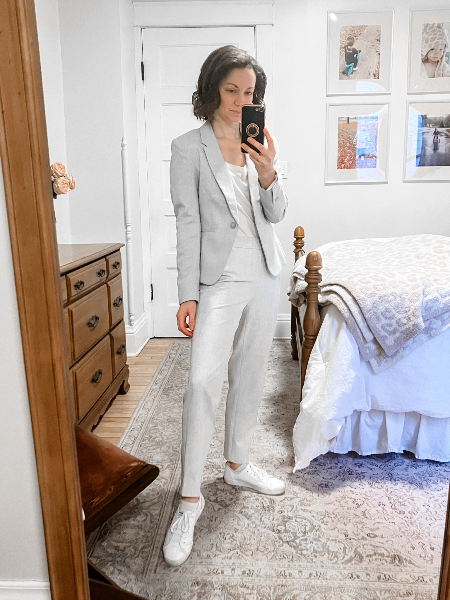 Light grey suit for work!
Suit is old, linked similar. 
Wearing size XS Nautica T-shirt, 100% cotton. 
Size 6 Keds leather tennis shoes. 
Petite outfit. Work outfit. Professional outfit. Classic outfit. Modest outfit  

#LTKsalealert #LTKworkwear #LTKstyletip