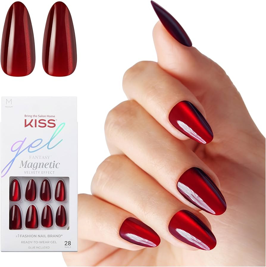 KISS Gel Fantasy Magnetic Press On Nails Almond, Solid Red, Medium Length, 28 Fake Nails, Pink Ge... | Amazon (US)