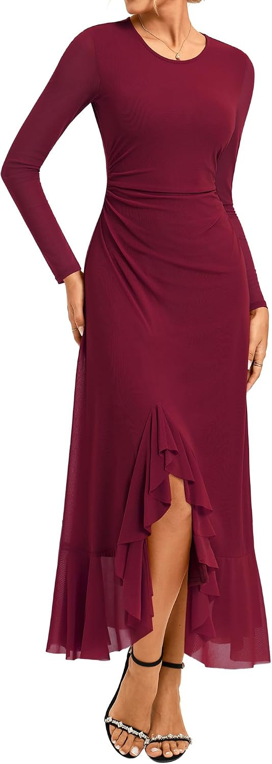 GRACE KARIN Women's Fall Wedding Guest Dress Long Sleeve Maxi Mesh Dresses | Amazon (US)