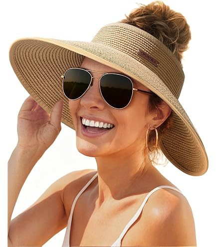 Women's Sun Visor Hats Wide Brim Straw Beach Hat Ponytail Hats for Women Foldable Floppy | Amazon (US)