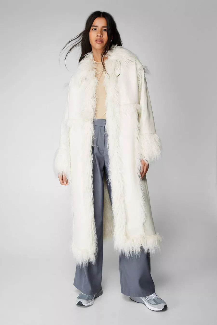 Premium Faux Leather Faux Fur Detail Longline Coat | Nasty Gal US