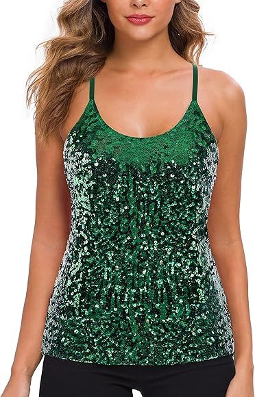 MANER Women’s Sequin Tops Glitter Party Strappy Tank Top Sparkle Cami | Amazon (US)