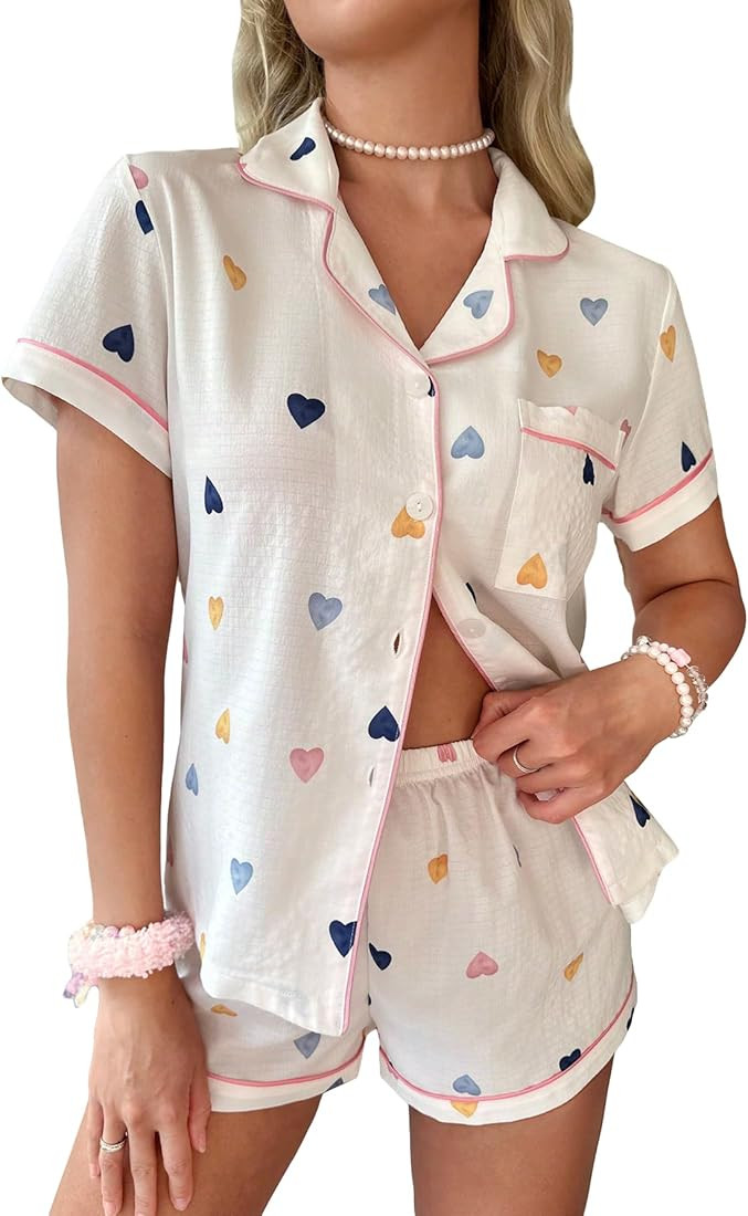 Verdusa Women's 2 Piece Printed Lounge PJ Sets Sleepwear Button Up Shirt with Shorts | Amazon (US)