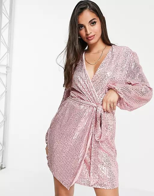 Style Cheat sequin wrap mini dress in dusty pink | ASOS (Global)