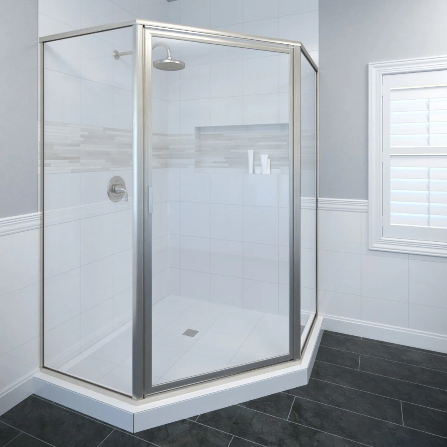 Basco Deluxe Brushed nickel 23-7/8-in W x 65.125-in H Framed Clear Glass Hinged Shower door | DLXH60B1765CLBN | Lowe's