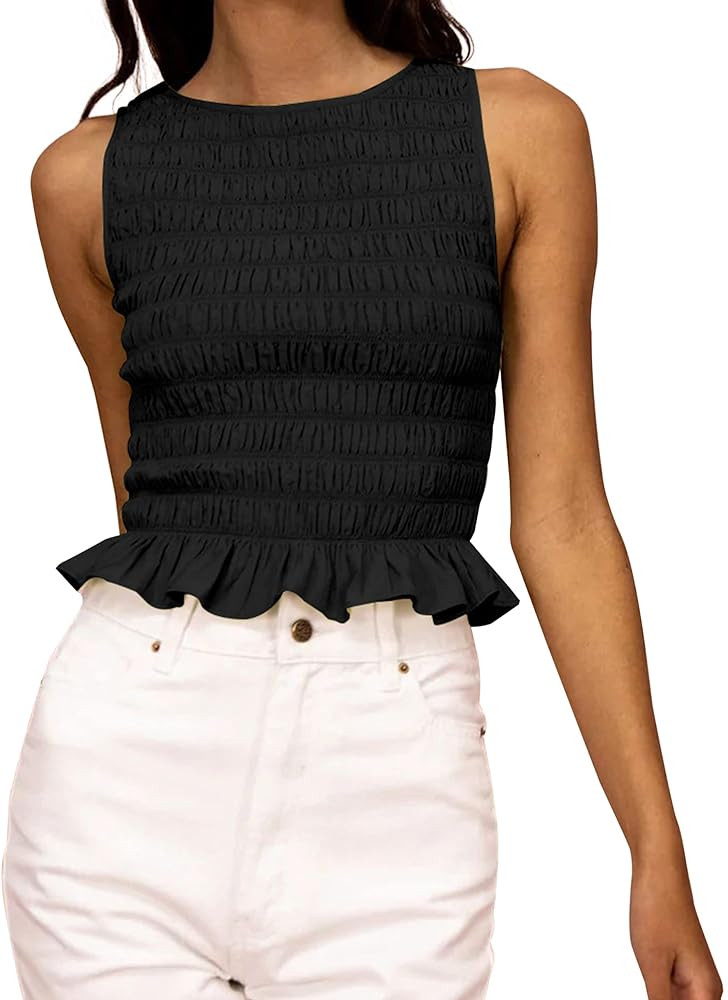 MISSACTIVER Women Casual Frill Smocked Ruffle Hem Crop Tank Top Shirred Crew Neck Sleeveless Slim... | Amazon (US)