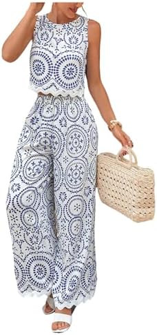 WDIRARA Women's Boho 2 Piece Pants Outfits Sleeveless Crop Tank Top Set Vacation Beach | Amazon (US)