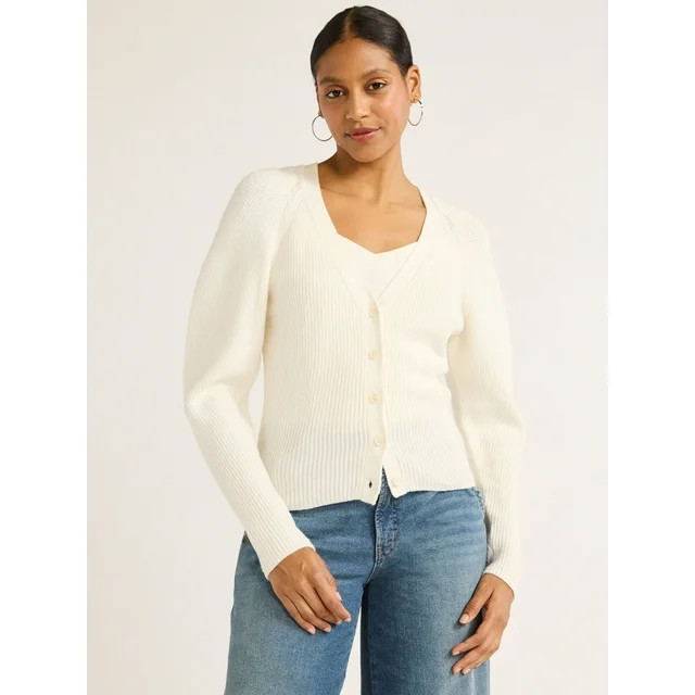 Scoop Women's Puff Sleeve Cardigan Sweater, Lightweight, Sizes XS-XXL | Walmart (US)