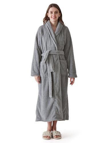 KORBLISS Robes for Women – Premium Plush Fleece Long Bathrobe for Women with Shawl Collar, Soft Warm Womens Robe with Pockets and Belt, Light Grey, Small | Amazon (US)