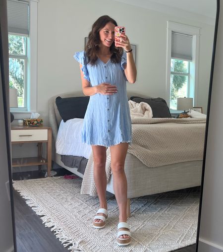 Ruffle denim maternity dress! Love the flow for for my baby bump! Button down pregnancy dress from Pink Blush

#LTKbump