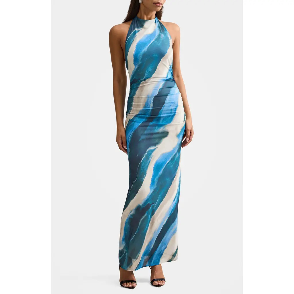 Ever New Josette Print Halter Jersey Maxi Dress in Wave Maren Abstract at Nordstrom Rack, Size 6 | Nordstrom Rack