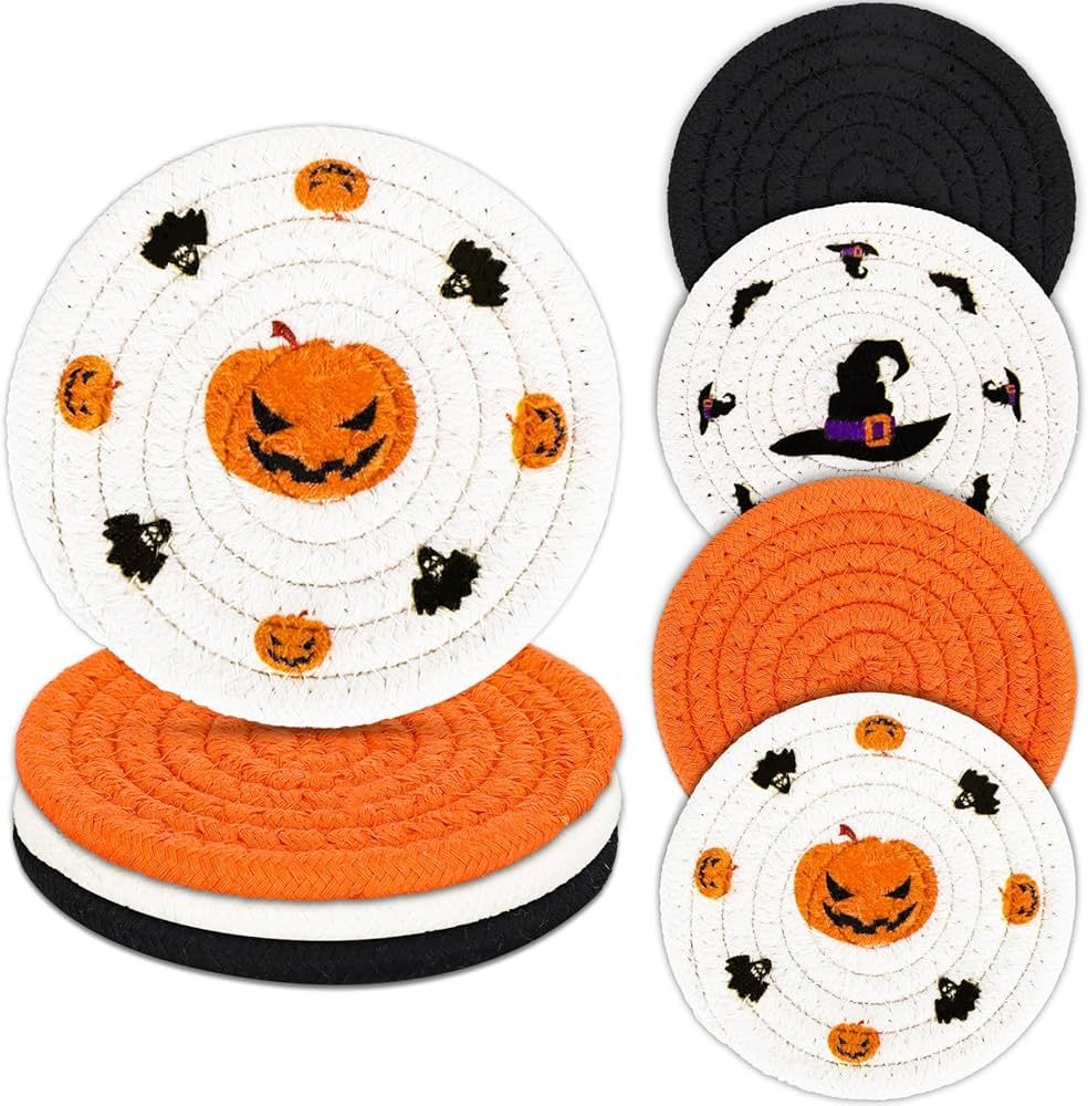 Whaline 4 Pack Halloween Handmade Braided Drink Coasters Black Orange Pumpkins Witch Hats Absorbe... | Amazon (US)